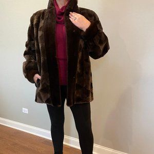 REAL Sheared Beaver Stroller with mink collar, front placket and cuffs